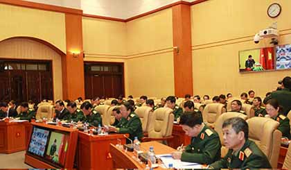 Toàn cảnh hội nghị tại điểm trực tuyến Sở chỉ huy Bộ Quốc phòng. Ảnh: Hồng Pha