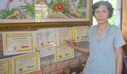 Giấy chứng nhận học bổng Chắp cánh ước mơ được mẹ của Phương dán kín trên vách nhà.