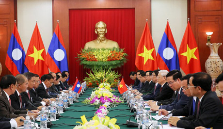 Tổng Bí thư Nguyễn Phú Trọng hội đàm với Tổng Bí thư, Chủ tịch nước Lào Bounnhang Vorachit. Ảnh: VGP/Hải Minh
