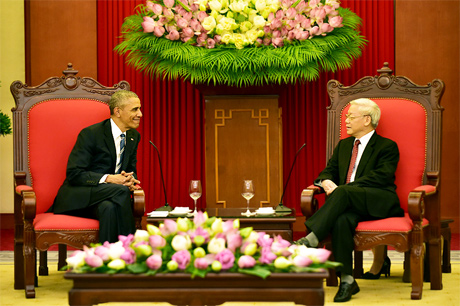 Tổng Bí thư Nguyễn Phú Trọng tiếp Tổng thống Barack Obama. Ảnh: VGP/Nhật Bắc