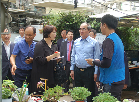 Chủ tịch Ủy ban Trung ương MTTQ Việt Nam Nguyễn Thiện Nhân tham quan mô hình nông trại thông minh tại TP. Incheon. Ảnh: Quốc Khánh