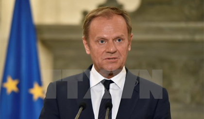 Chủ tịch Hội đồng châu Âu Donald Tusk tại cuộc họp báo ở Athens, Hy Lạp ngày 5/4. Nguồn: AFP/TTXVN