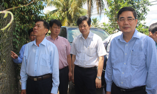 Đoàn công tác khảo sát tại vùng trồng sầu riêng thuộc xã Tam Bình, huyện Cai Lậy.