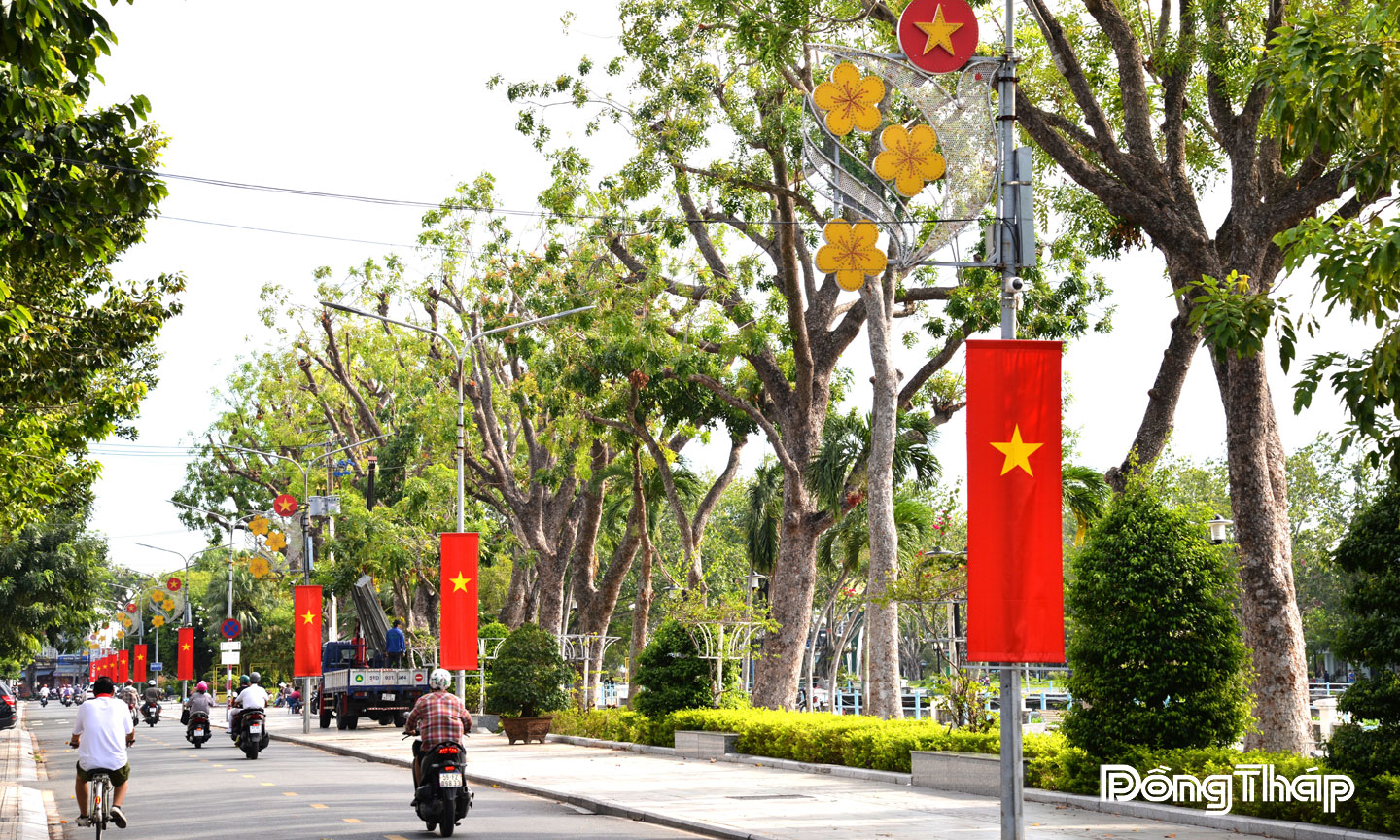  Khắp các con đường đều rực rỡ cờ hoa. 
