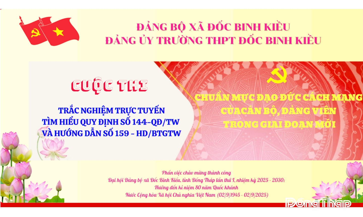 Cuộc thi trắc nghiệm trực tuyến tìm hiểu Quy định số 144-QĐ/TW và Hướng dẫn số 159-HD/BTGTW do Đảng ủy Trường Trung học phổ thông Đốc Binh Kiều tổ chức để cán bộ, đảng viên các chi bộ trực thuộc tham gia.