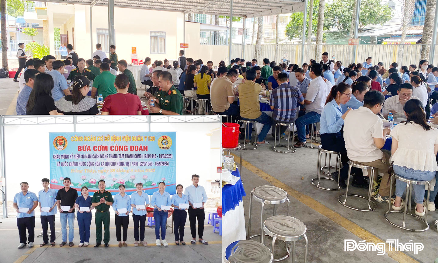 Không khí vui tươi, đoàn kết trong “Bữa cơm Công đoàn” với sự tham gia của 346 công đoàn viên, cùng 400 suất ăn tạo không gian gắn kết, thắm tình đồng nghiệp giữa các cán bộ, chiến sĩ và nhân viên y tế.