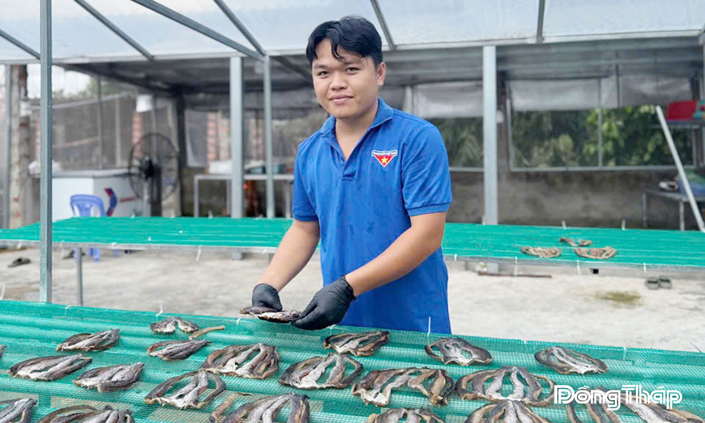 Anh Ngô Công Hậu phơi cá lóc trong nhà phơi có lưới chắn.