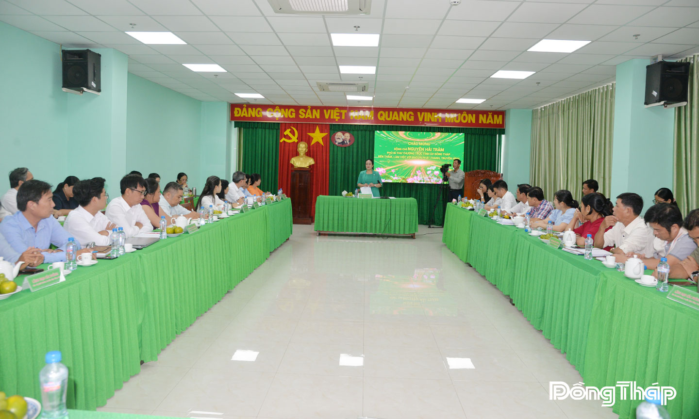 Phó Bí thư Thường trực Tỉnh ủy Nguyễn Hải Trâm phát biểu tại buổi làm việc với Báo và phát thanh, truyền hình Đồng Tháp.