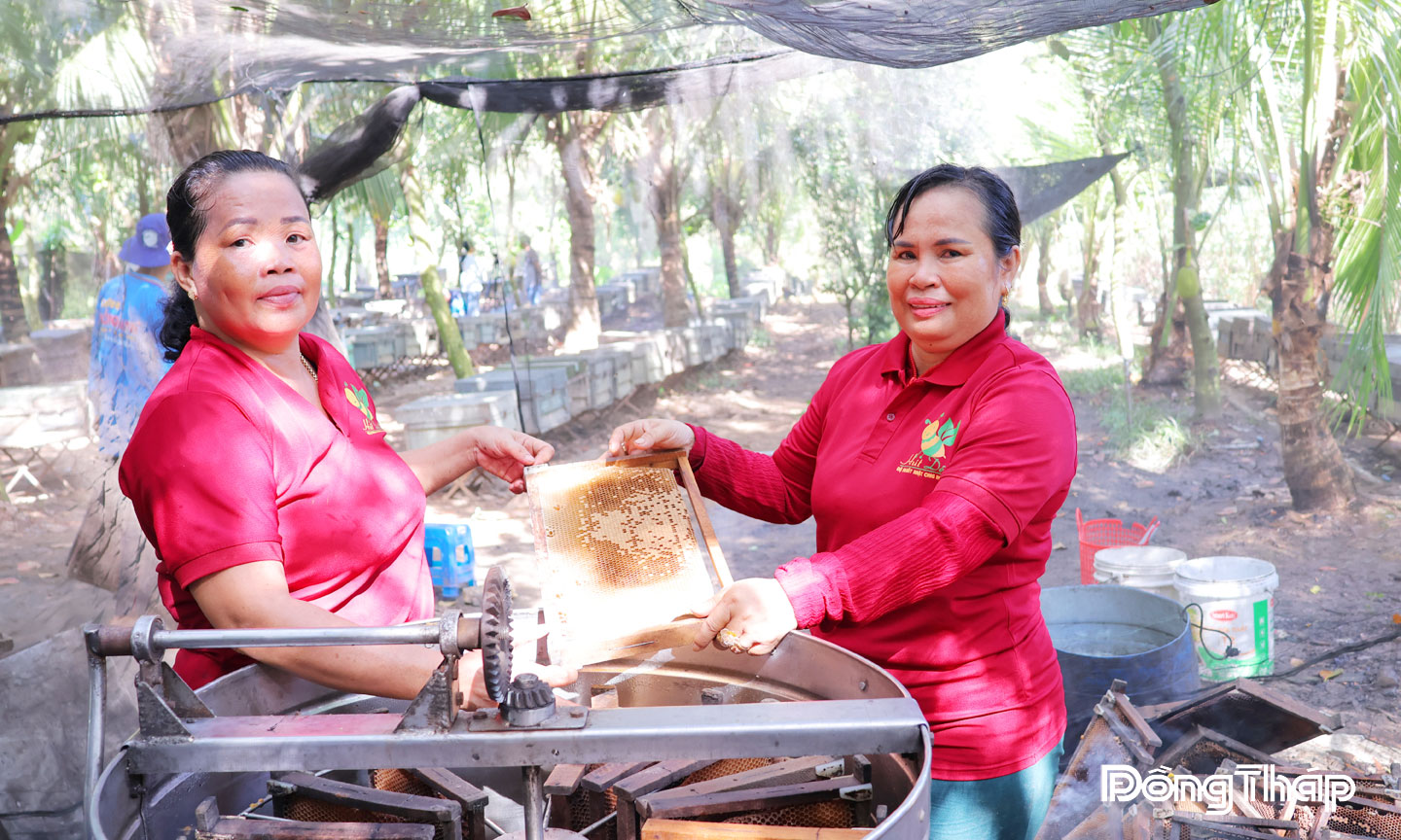 Chị Nguyễn Thị Dẻo (bìa phải), một trong những nông dân tại vùng đệm Vườn Quốc gia Tràm Chim vươn lên khá giàu  nhờ nghề nuôi ong lấy mật.