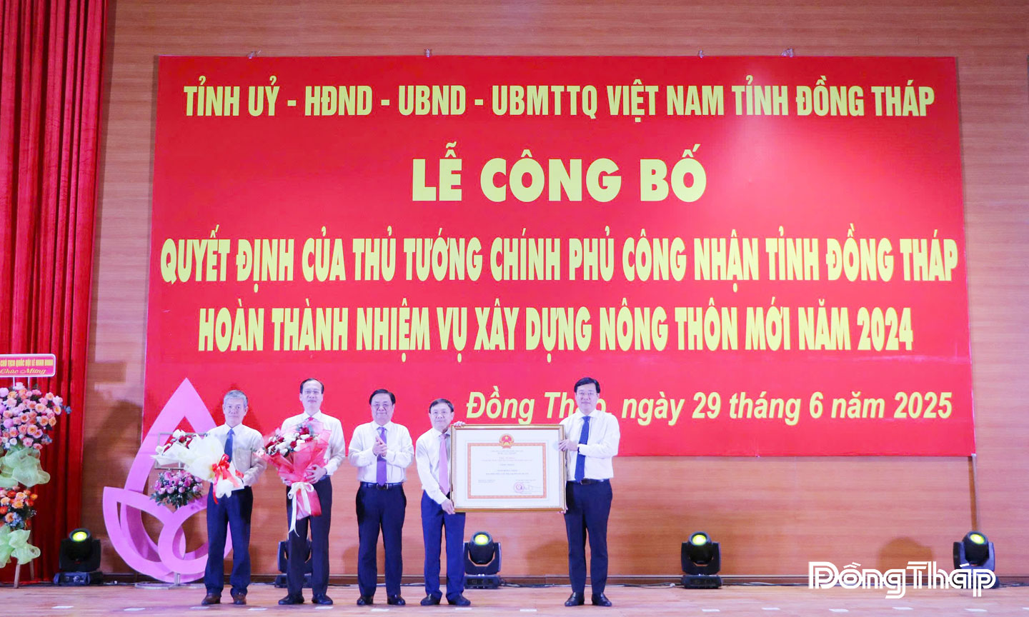 Sáng 29-6-2025, tại TP. Cao Lãnh long trọng diễn ra Lễ công bố Quyết định của Thủ tướng Chính phủ công nhận tỉnh Đồng Tháp (cũ) hoàn thành nhiệm vụ xây dựng nông thôn mới  năm 2024. Theo đó, toàn tỉnh có 100% số xã đạt chuẩn nông thôn mới, 58 xã đạt chuẩn  nông thôn mới nâng cao, 6 xã đạt chuẩn nông thôn mới kiểu mẫu; 12/12 đơn vị cấp huyện  được công nhận đạt chuẩn nông thôn mới/hoàn thành nhiệm vụ xây dựng nông thôn mới;  2 huyện được công nhận đạt chuẩn nông thôn mới nâng cao.