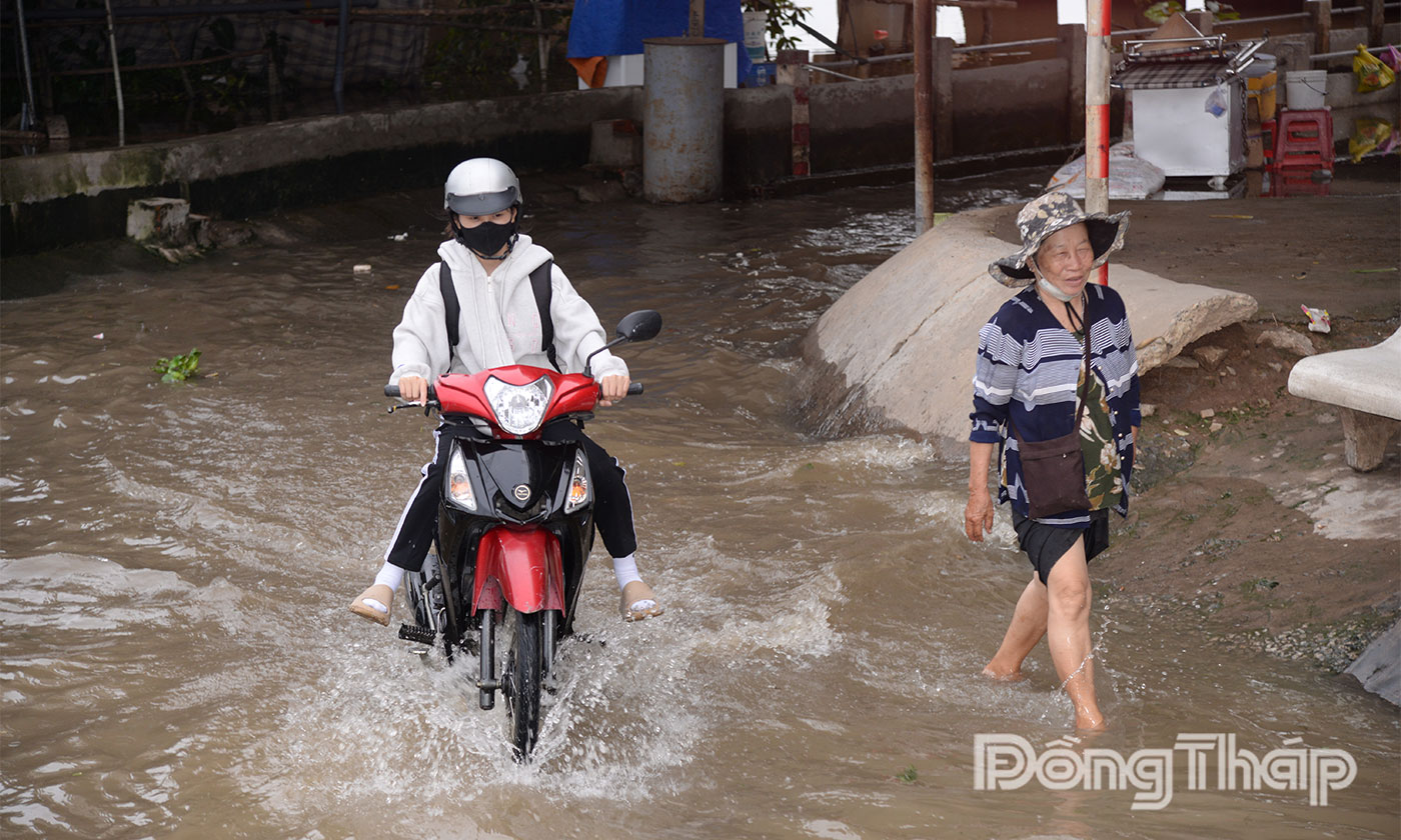 Triều cường dâng cao khiến việc đi lại khó khăn.