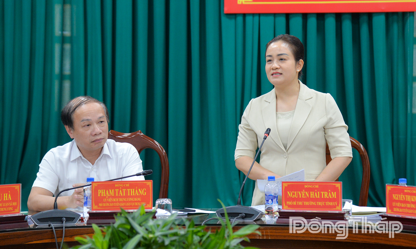 Đồng chí Nguyễn Hải Trâm, Phó Bí thư Thường trực Tỉnh ủy phát biểu tại buổi làm việc.