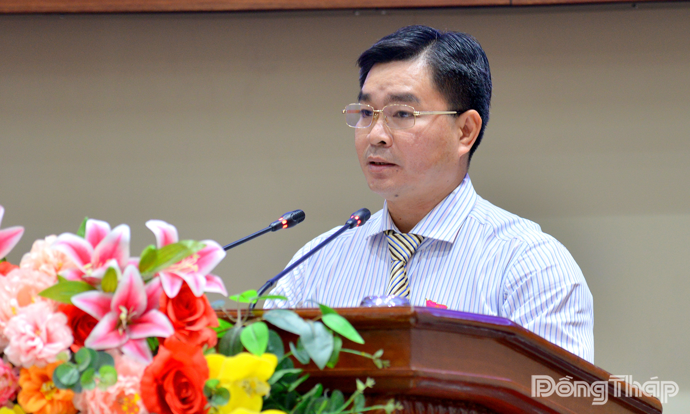 Nguyễn Đức Toàn, Phó Trưởng ban Ban Kinh tế - Ngân sách Hội đồng nhân dân tỉnh trình bày tóm tắt báo cáo thẩm tra các dự thảo nghị quyết