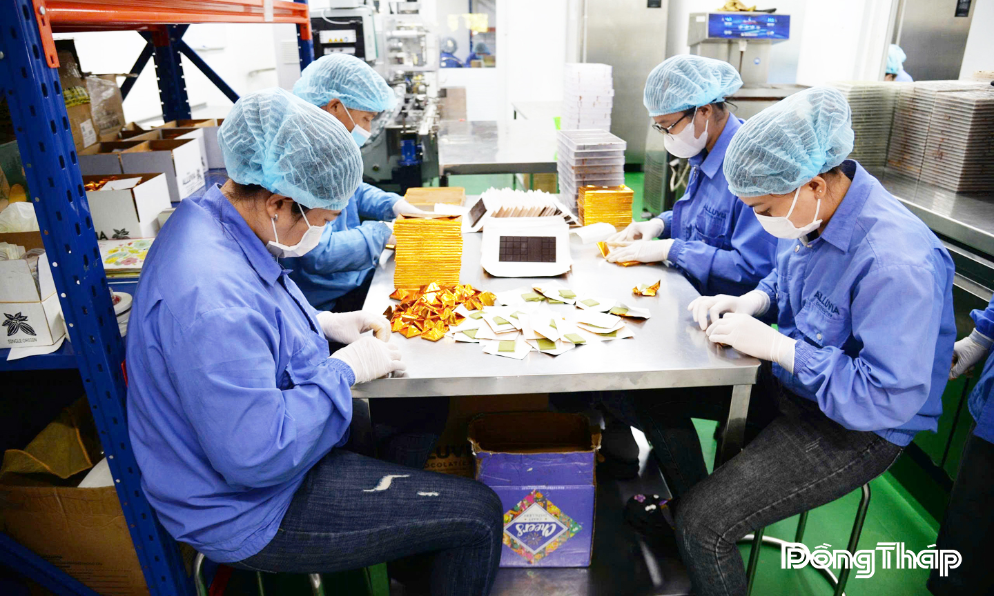 Công nhân đang đóng gói sôcôla.