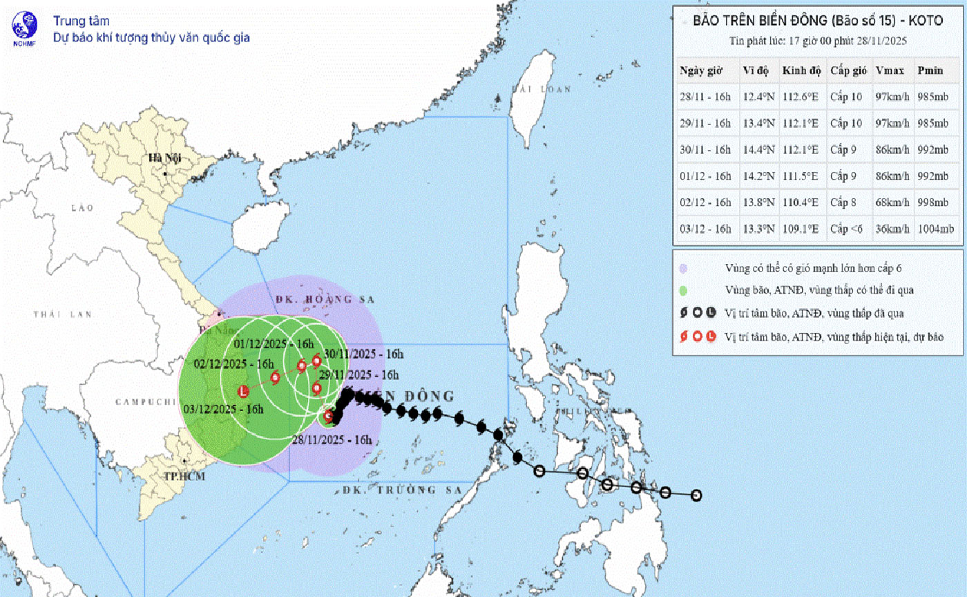Vị trí bão số 15 chiều 28-11 theo Trung tâm Dự báo khí tượng - thủy văn quốc gia