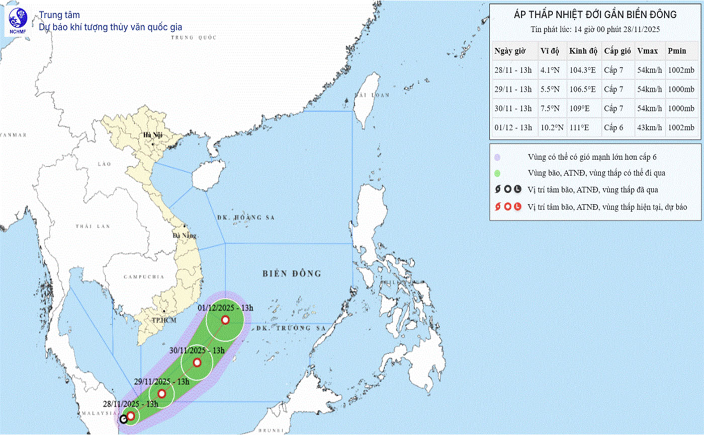 Một áp thấp nhiệt đới đang có xu hướng đi lên Nam Biển Đông. Nguồn: Trung tâm Dự báo khí tượng - thủy văn quốc gia